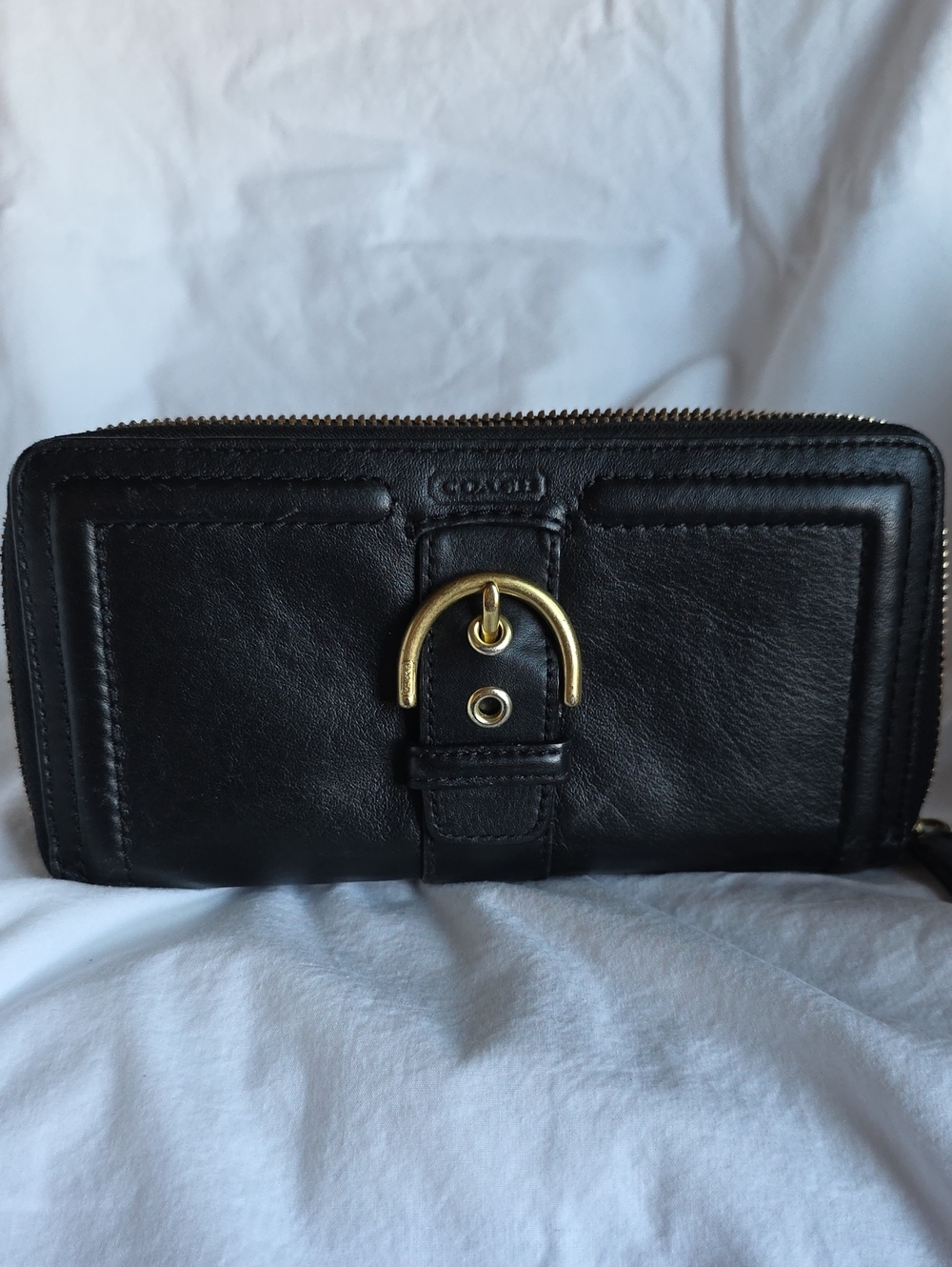 Coach Campbell Black Leather Zip-Around Wallet with Gold Buckle Accent